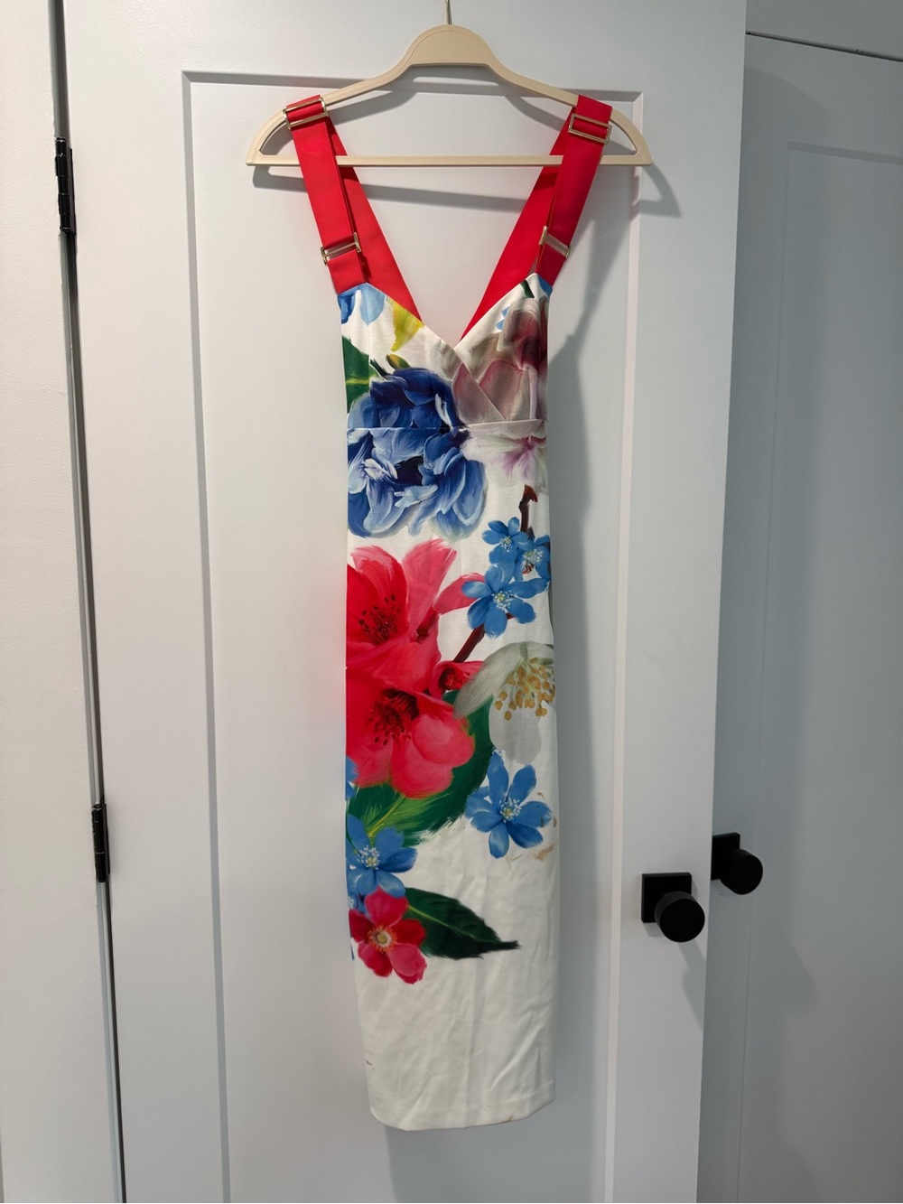 Ted Baker London White Floral Midi Dress with Red Straps